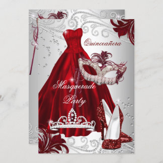 Burgundy Silver Dress masquerade Quinceanera mask Invitation