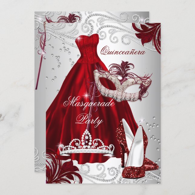 Burgundy Silver Dress masquerade Quinceanera mask Invitation (Front/Back)
