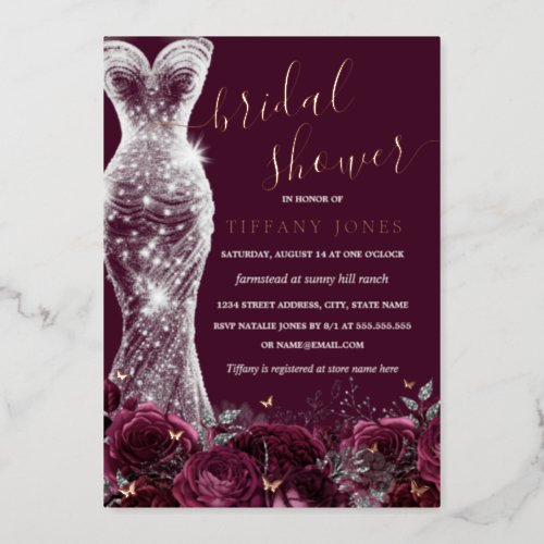 Burgundy Silver Dress Rose Gold Bridal Shower  Foil Invitation