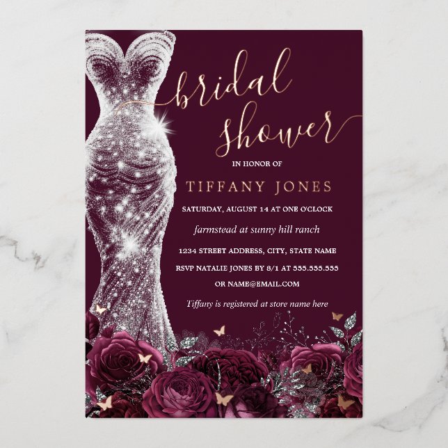Burgundy Silver Dress Rose Gold Bridal Shower  Foil Invitation (Front)