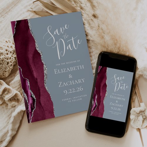 Burgundy Silver Dusty Blue Photo Save the Date Invitation