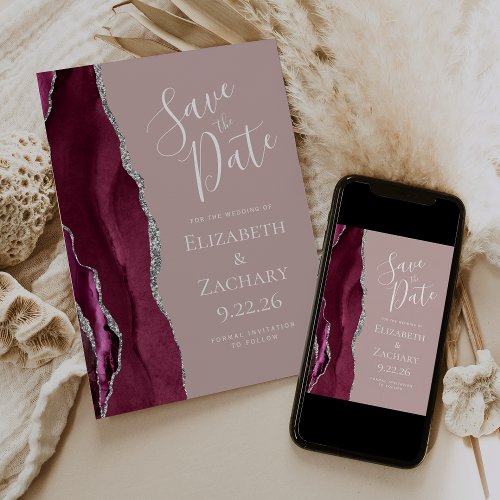 Burgundy Silver Dusty Rose Photo Save the Date Invitation