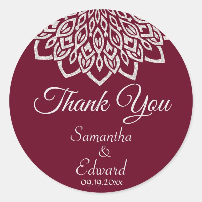 Burgundy Silver Elegant Mandala Wedding Classic Round Sticker (Front)