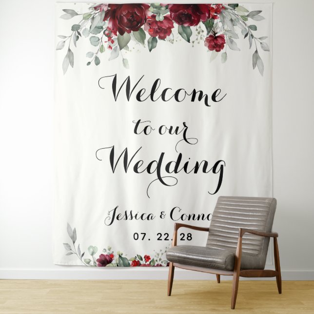 Burgundy Silver Eucalyptus Welcome To Our Wedding  Tapestry (In Situ)