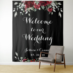 Burgundy Silver Eucalyptus Welcome To Our Wedding  Tapestry