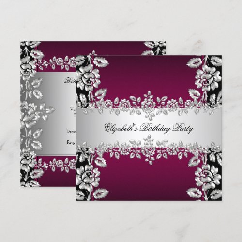 Burgundy Silver Floral Black Birthday Party Personalized Invite