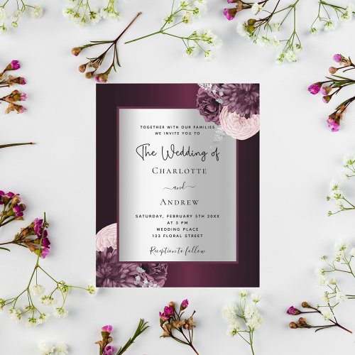 Burgundy silver floral budget wedding invitation flyer