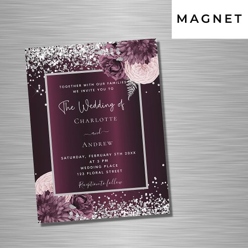 Burgundy silver floral elegant luxury wedding magnetic invitation