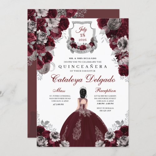 Burgundy  Silver Floral Elegant Quinceaera Invitation