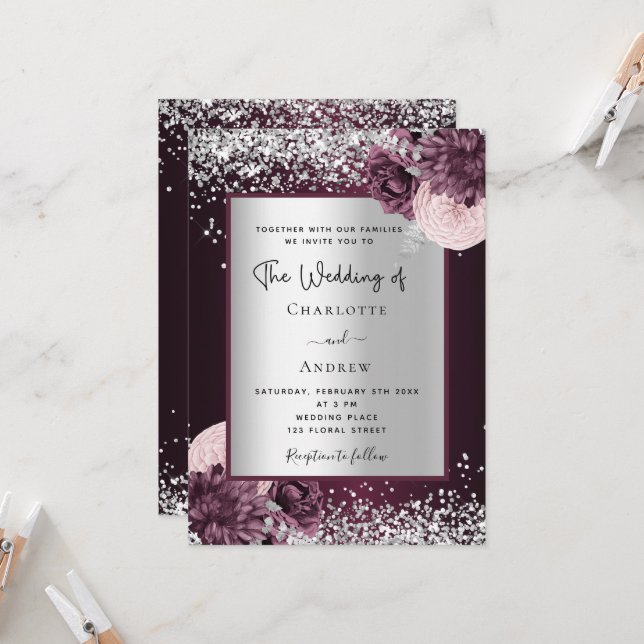 Burgundy silver floral elegant wedding invitation Zazzle