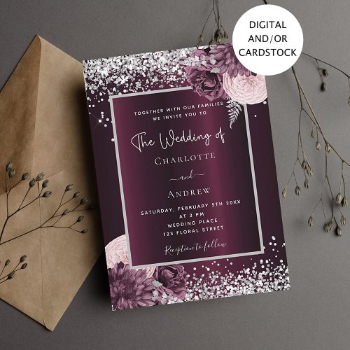 Burgundy silver floral elegant wedding invitation