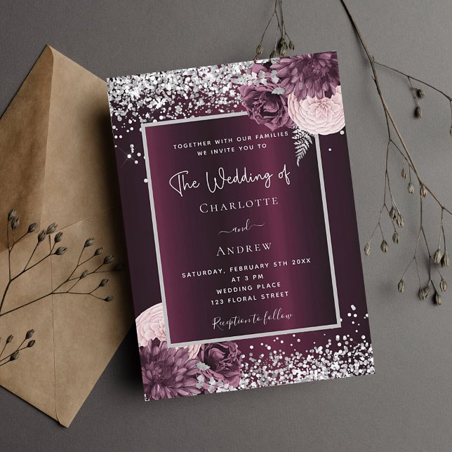 Burgundy silver floral elegant wedding invitation postcard (Creator Uploaded)