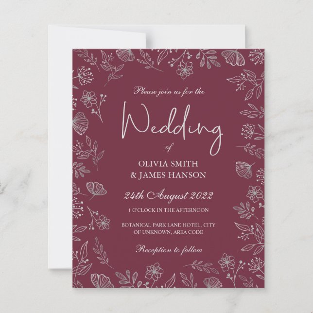 Burgundy silver floral foliage wedding invitation (Front)