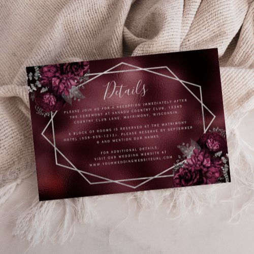 Burgundy Silver Floral Frame Wedding Details Enclosure Card