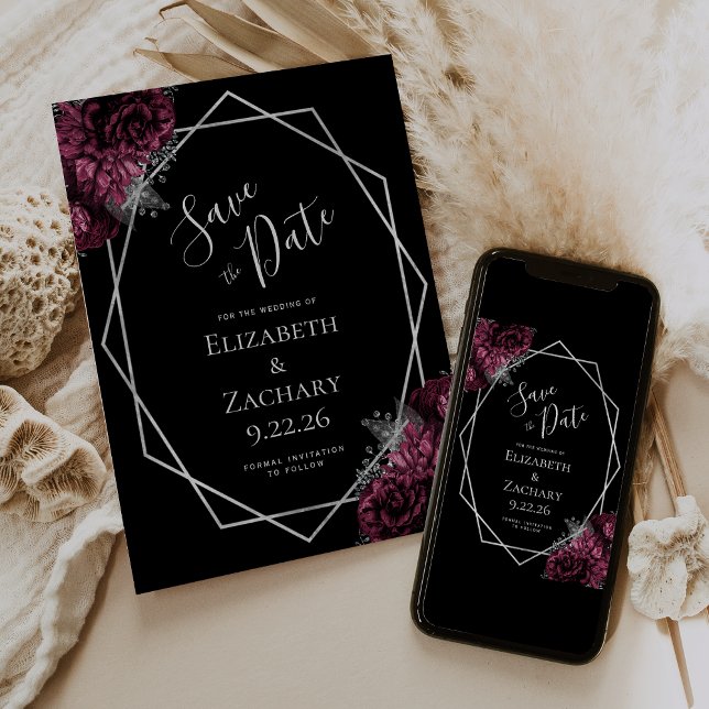 Burgundy Silver Floral Geo Black Save the Date (Creator Uploaded)