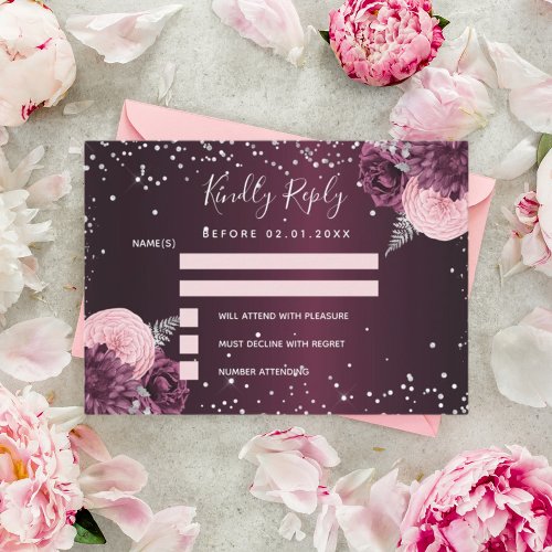 Burgundy silver floral glitter wedding RSVP Note Card