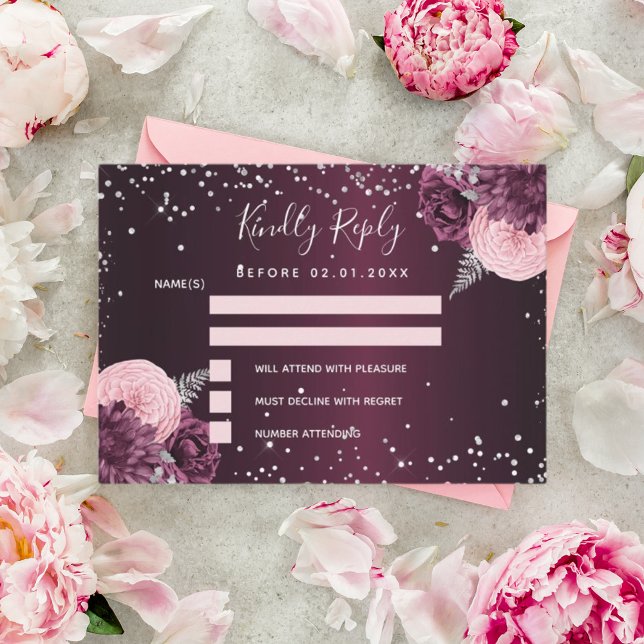 Burgundy silver floral glitter wedding RSVP Note Card (Creator Uploaded)