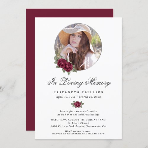 Burgundy Silver Floral Memorial Service Photo Invitation