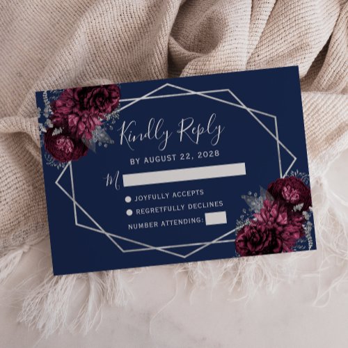 Burgundy Silver Floral Navy Blue RSVP Card