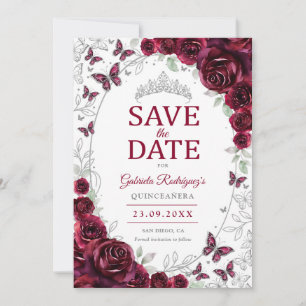 Burgundy Silver Floral Quinceanera Save The Date
