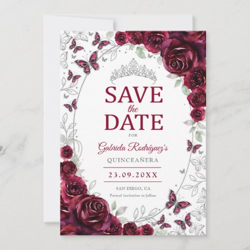 Burgundy Silver Floral Quinceanera Save The Date