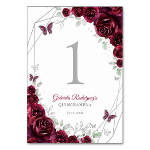 Burgundy Silver Floral Quinceanera Table Number