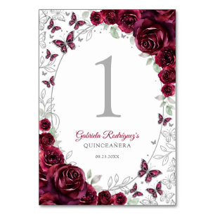 Burgundy Silver Floral Quinceanera Table Number