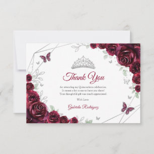 Burgundy Silver Floral Quinceanera Thank You Card