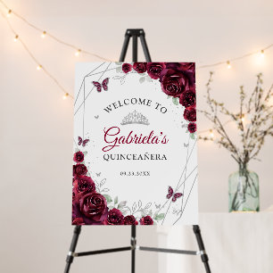 Burgundy Silver Floral Quinceanera Welcome Foam Board