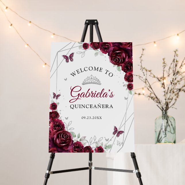 Burgundy Silver Floral Quinceanera Welcome Foam Board (In Situ (Stand))