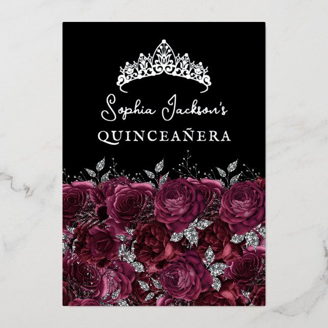 Burgundy Silver Floral Rose Quinceanera Foil Invitation (Front)