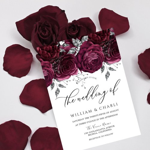 Burgundy  Silver Floral Sparkle Wedding Invitation