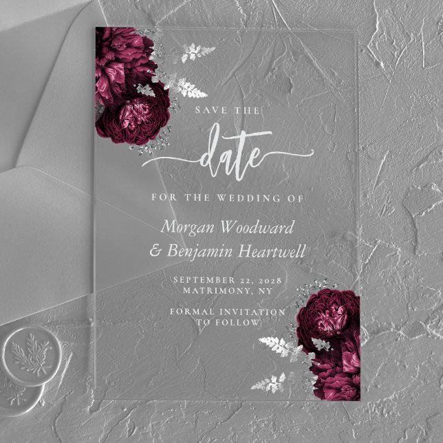 Burgundy Silver Floral Wedding Save the Date Acrylic Invitations (Creator Uploaded)