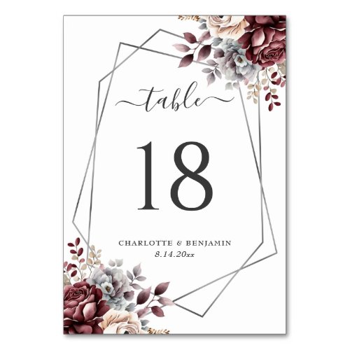 Burgundy Silver Floral Wedding Table Number