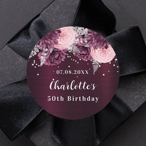 Burgundy silver florals birthday classic round sticker