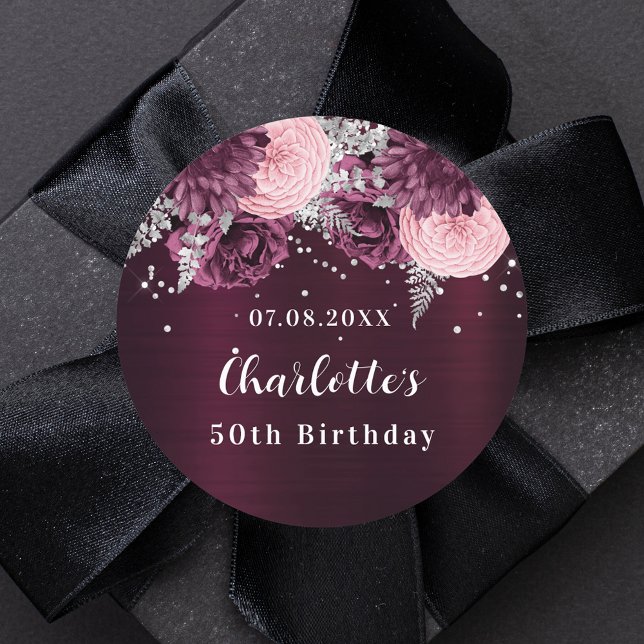Burgundy silver florals birthday classic round sticker (Creator Uploaded)