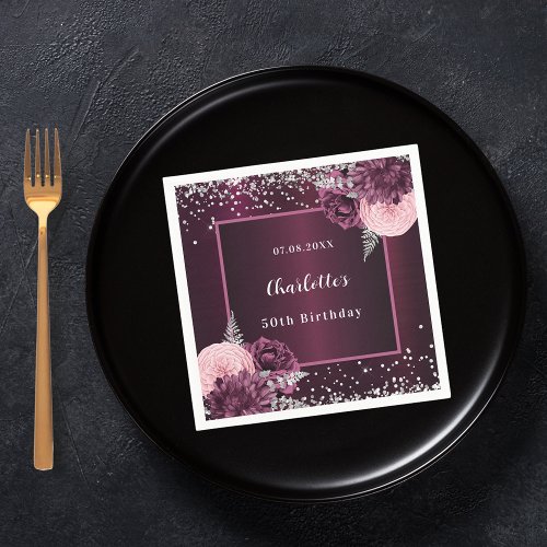 Burgundy silver florals birthday napkins