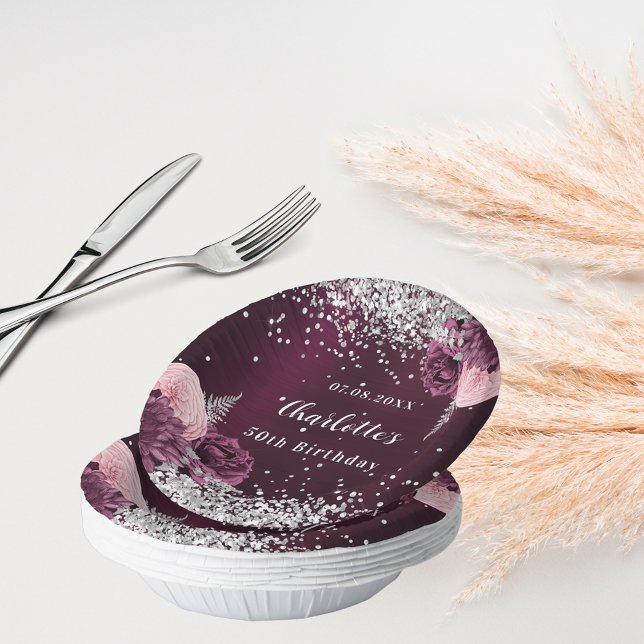 Burgundy silver florals birthday paper bowls (Creator Uploaded)