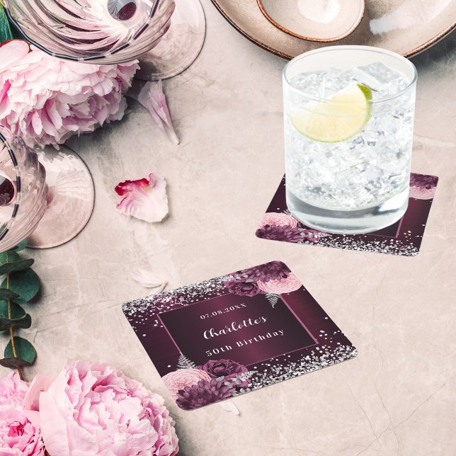 Burgundy silver florals birthday square paper coaster (Creator Uploaded)