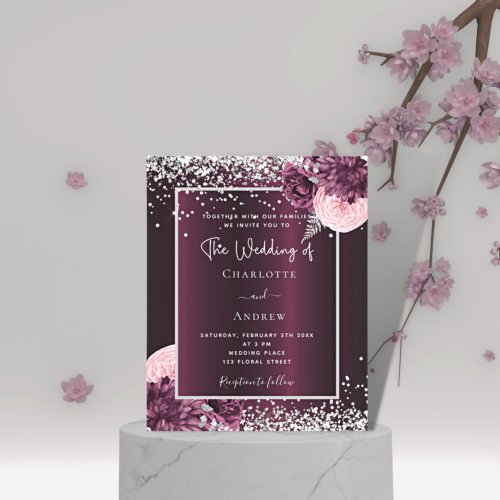 Burgundy silver florals budget wedding invitation