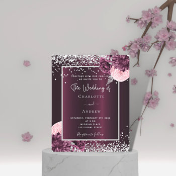 Burgundy Silver Florals Budget Wedding Invitation Flyer by Thunes at Zazzle