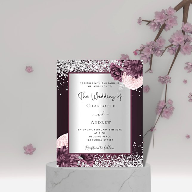 Burgundy silver florals budget wedding invitation flyer (Creator Uploaded)