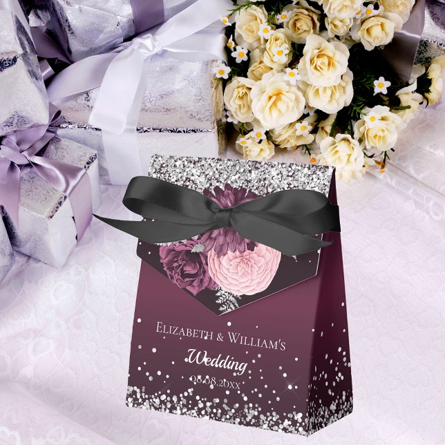 Burgundy silver florals thank you wedding favor boxes (Creator Uploaded)