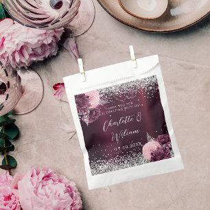 Burgundy silver florals wedding favor bag