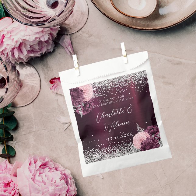 Burgundy silver florals wedding favor bag (Creator Uploaded)