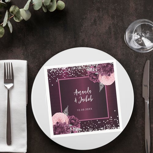 Burgundy silver florals wedding napkins