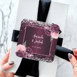 Burgundy silver florals wedding square sticker<br><div class="desc">Burgundy background decorated with burgundy and blush pink florals,  flowers,  and faux silver glitter,  sparkles. Personalize and your names and the wedding date.</div>