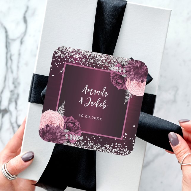Burgundy silver florals wedding square sticker (Creator Uploaded)