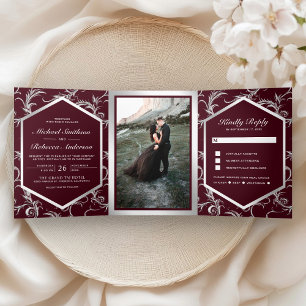 Burgundy Silver Flourish Swirl Wedding Photo Tri-Fold Invitation