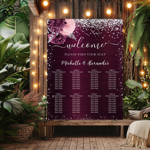 Burgundy silver flowers wedding seating chart